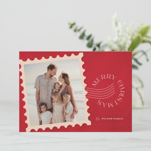 Red Stamp 2 foto kerst Feestdagenkaart (Staand voorkant)