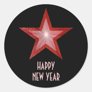 Red Star 'Happy New Year' ronde sticker zwart