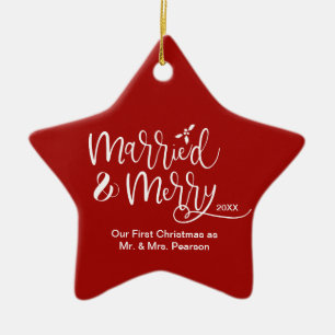 Red Star Ons eerste kersthuwelijk met Merry Foto Keramisch Ornament