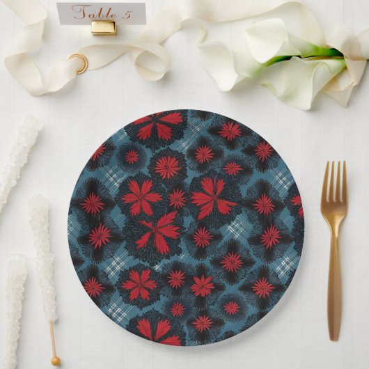 Red Starburst en Blue Plaid Papieren Bordje (Huwelijk)