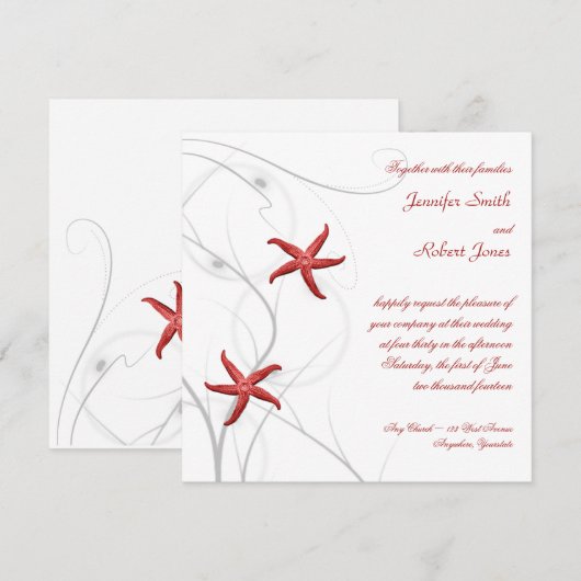 Red Starfish met Silver Coral Wedding Invitation Kaart (Voorkant / Achterkant)