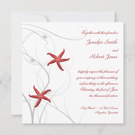 Red Starfish met Silver Coral Wedding Invitation Kaart (Voorkant)