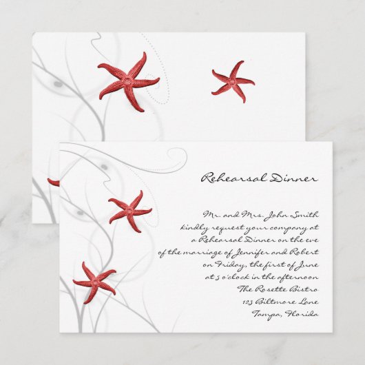 Red Starfish met Silver Coral Wedding Rehearsal Kaart (Voorkant / Achterkant)