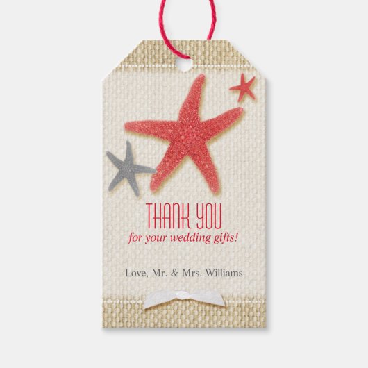 Red Starfish Rustic Beach Weddenschap Bedankt Cadeaulabel (Voorkant)