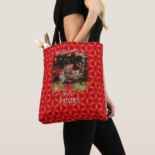 Red Stars Pattern Pet Foto met beste kerstmis ooit Tote Bag (Dichtbij)