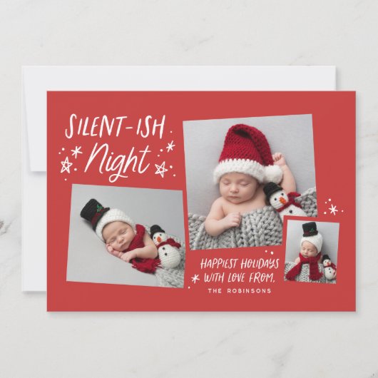 Red Stars Silent Night 3 Foto Collage Baby Feestdagenkaart (Voorkant)