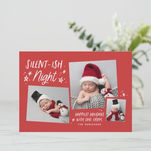Red Stars Silent Night 3 Foto Collage Baby Feestdagenkaart (Staand voorkant)
