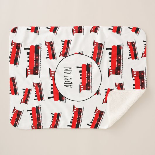 Red Steam Train Pattern Gepersonaliseerd naam Sherpa Deken (Voorkant (horizontaal))