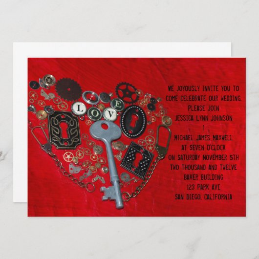 Red Steampunk Heart Wedding Kaart (Voorkant / Achterkant)