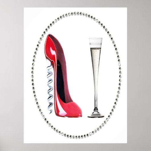 Red Stiletto Shoe en Champagne Flute Poster (Voorkant)
