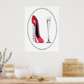 Red Stiletto Shoe en Champagne Flute Poster (Keuken)