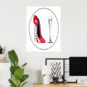 Red Stiletto Shoe en Champagne Flute Poster (Thuiskantoor)