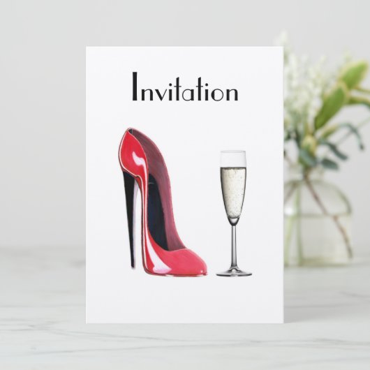 Red Stiletto Shoe en Champagne Uitnodiging (Staand voorkant)