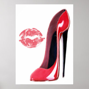 Red Stiletto Shoe en Red Lips Art Poster