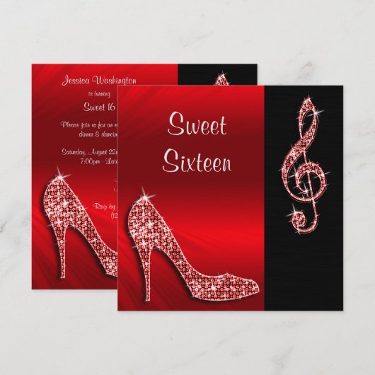 Red Stiletto & Treble Cleft Sweet 16 Kaart (Voorkant / Achterkant)