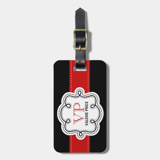 Red Stitched Ribbon - Gepersonaliseerd Girly Monog Bagagelabel (Voorkant verticaal)