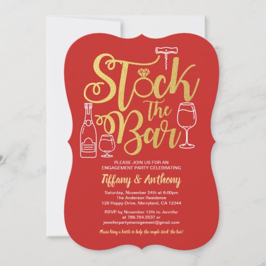 Red Stock de bar uitnodiging verlovingsfeest goud (Voorkant)