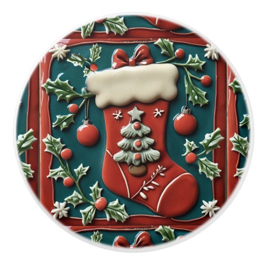 Red Stocking Christmas Keramische Knop (Voorkant)