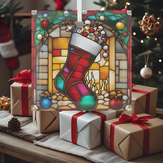 Red Stocking Faux Glas in lood Glas Ornament