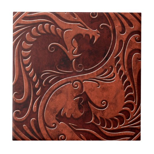 Red Stone Yin Yang Dragons Tegeltje (Voorkant)