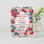 RED Strawberry 1e verjaardagsfeestje Kaart (Staand voorkant)