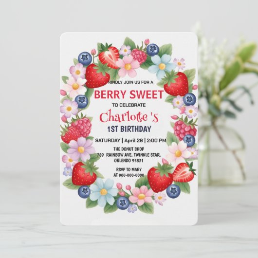 RED Strawberry 1e verjaardagsfeestje voor kinderen Kaart (Staand voorkant)