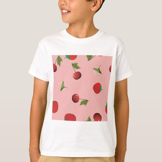 Red Strawberry and Cherry Pattern Pink Fruit T-shirt (Voorkant)
