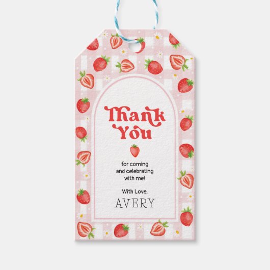 Red Strawberry Berry Eerste Verjaardag Dank u Cadeaulabel (Voorkant)