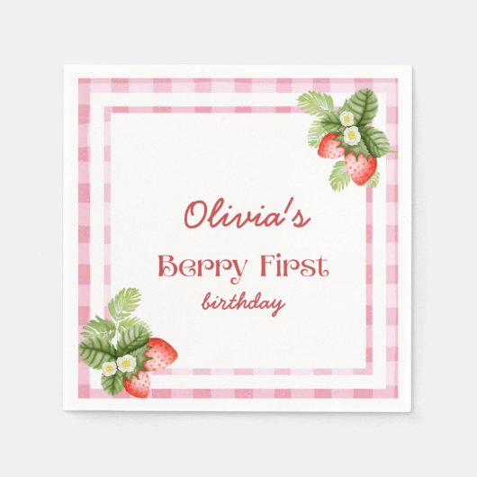 Red Strawberry Berry Eerste Verjaardag Dank u Servet (Voorkant)