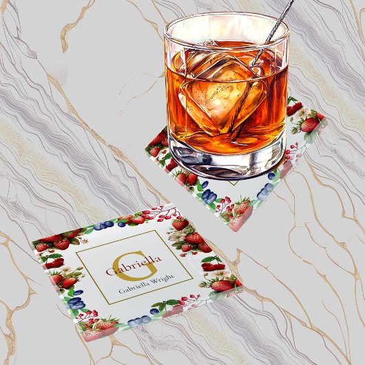 Red Strawberry Blue Berry Modern Gold Monogram Glazen Onderzetter