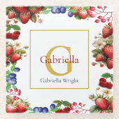 Red Strawberry Blue Berry Modern Gold Monogram Glazen Onderzetter (Voorkant)