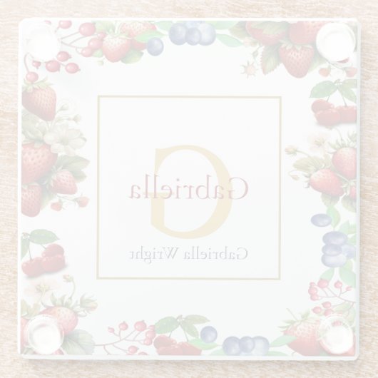 Red Strawberry Blue Berry Modern Gold Monogram Glazen Onderzetter (Achterkant)