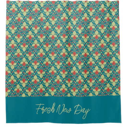 Red Strawberry fruit and pink blossoms Douchegordijn (Voorkant)