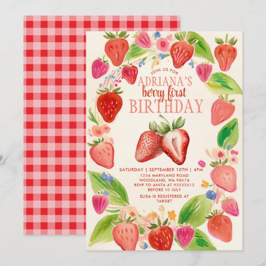 Red Strawberry Gingham Berry Sweet Birthday Kaart (Voorkant / Achterkant)
