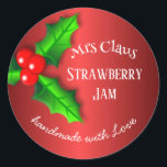 Red Strawberry jam Christmas label<br><div class="desc">Rood satijn aardbeienjam kerstlabel - pas het aan op www.zazzle.co.uk/blubush</div>