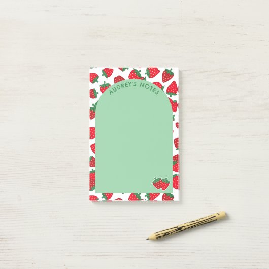Red Strawberry Pattern Green Arch Naam toevoegen Post-it® Notes (Op bureau)
