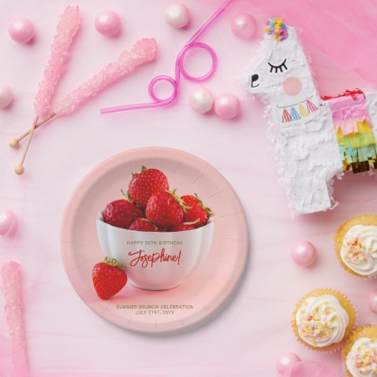 Red Strawberry Photo Summer Brunch Happy Birthday Papieren Bordje (Feest)