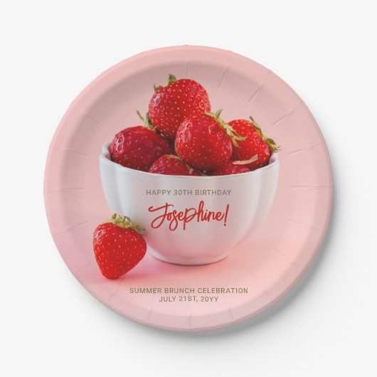 Red Strawberry Photo Summer Brunch Happy Birthday Papieren Bordje (Voorkant)