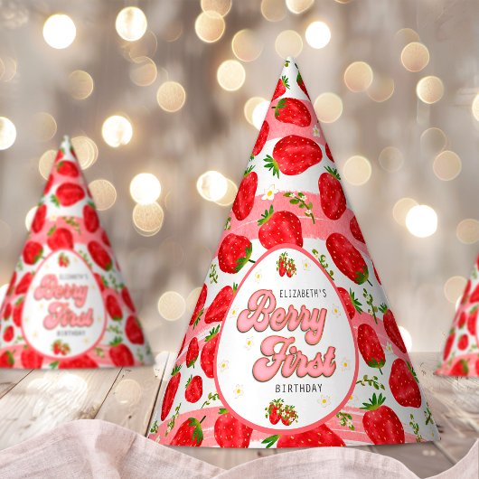 Red Strawberry PInk White 1st Birthday Berry First Feesthoedjes