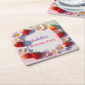Red Strawberry roze verjaardagsfeestje voor kinder Kartonnen Onderzetters (Schuin)