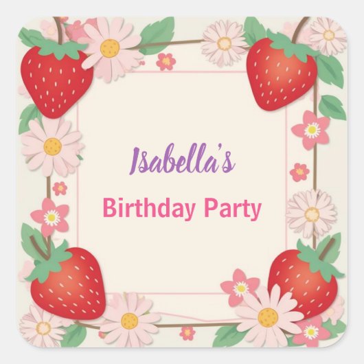 Red Strawberry roze verjaardagsfeestje voor kinder Vierkante Sticker (Voorkant)