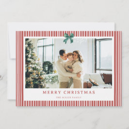 Red Stripe Green Bow Christmas Photo Holiday Card Feestdagenkaart