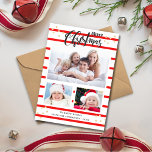 Red Stripe Merry Christmas 3 Photo Collage Kaart<br><div class="desc">Deze leuke vakantiekaart heeft felrode strepen en je drie favoriete foto's aan de voorkant. Eenvoudig te personaliseren - voeg gewoon uw foto's en vakantiebericht toe. De achterkant heeft een rood en wit vrolijk kerstpatroon.</div>