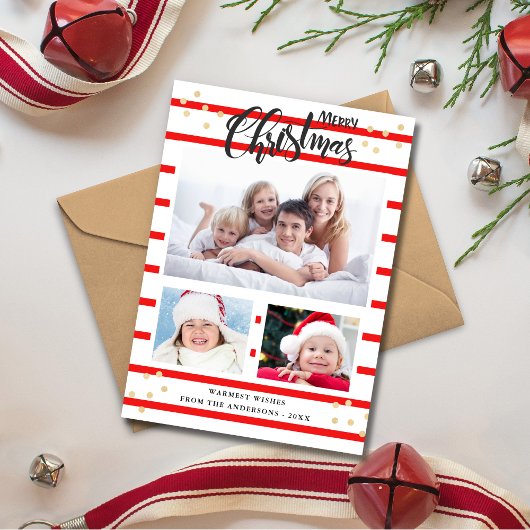 Red Stripe Merry Christmas 3 Photo Collage Kaart