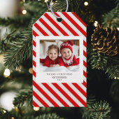 "Red Stripe met foto Vrolijk Kerstfeest en naam Cadeaulabel