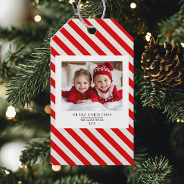 "Red Stripe met foto Vrolijk Kerstfeest en naam Cadeaulabel