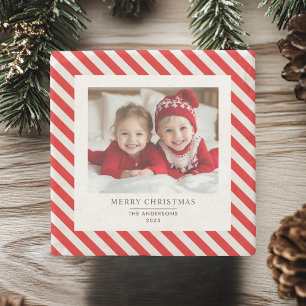 "Red Stripe met foto Vrolijk Kerstfeest en naam Stenen Onderzetter