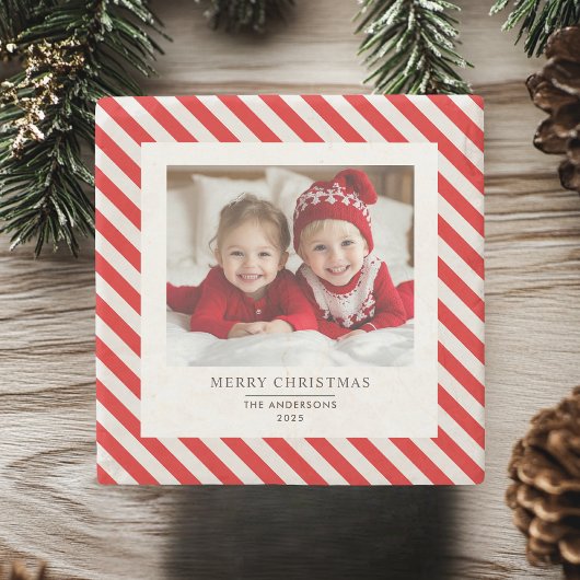 "Red Stripe met foto Vrolijk Kerstfeest en naam Stenen Onderzetter