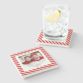 "Red Stripe met foto Vrolijk Kerstfeest en naam Stenen Onderzetter (Zijkant)