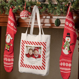 "Red Stripe met foto Vrolijk Kerstfeest en naam Tote Bag